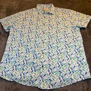 Oliver Burke Fish Print Short Sleeve Button Up Shirt White Blue Green Mens XXL